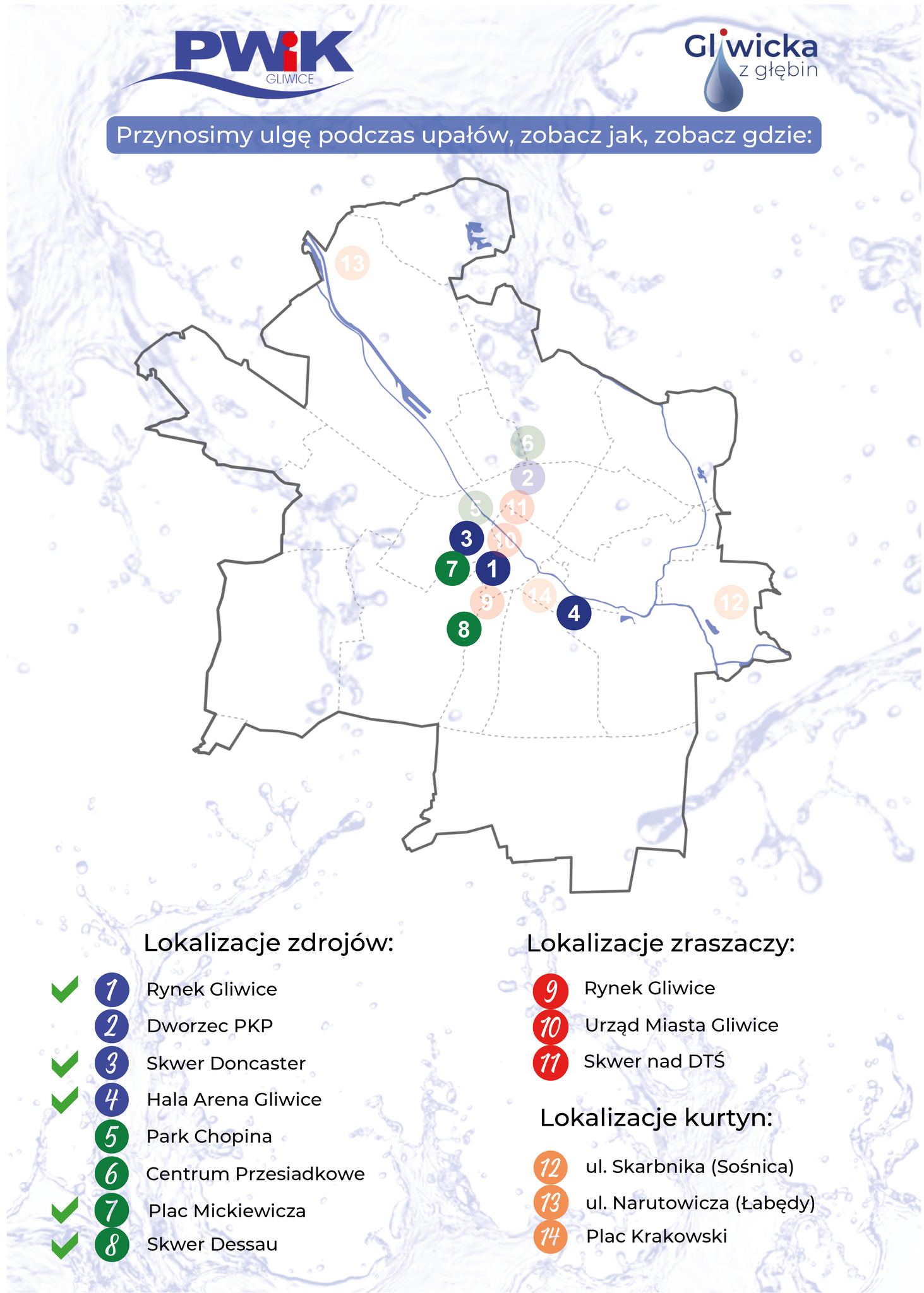 mapa z miejskimi zdrojami, kurtynami i zraszaczami