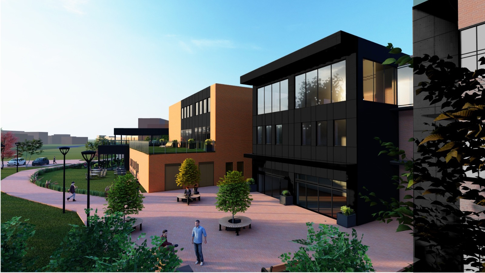 Wizualizacja IT HUB Gliwice – mat. pras. Technoparku Gliwice budynek, zieleń