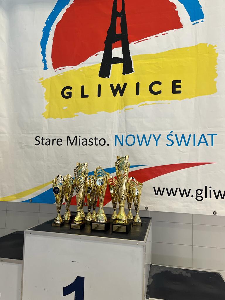 Fot. materiały Klubu Pływackiego "Sikret" Gliwice Puchary na tle logo Gliwic