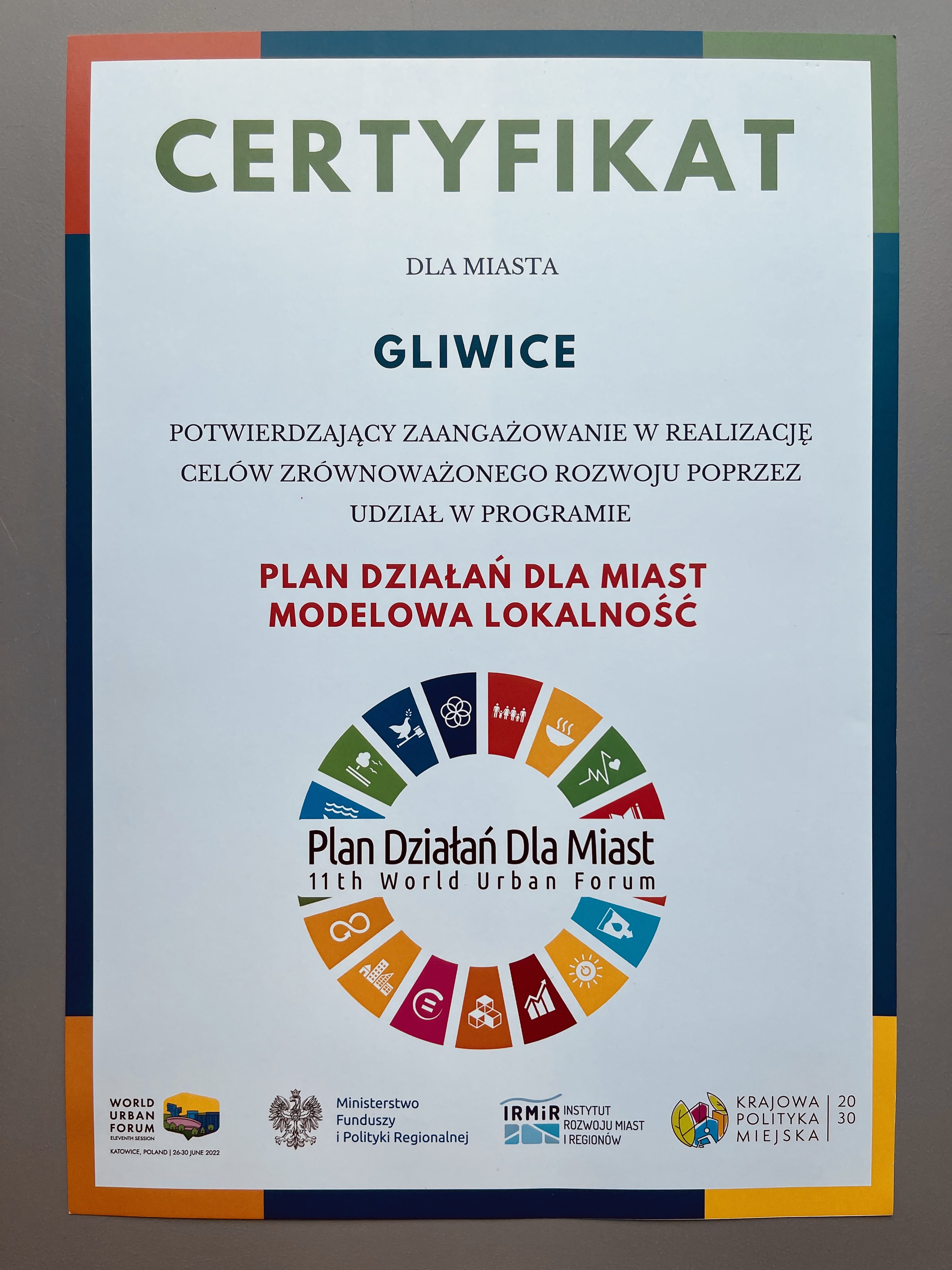 Fot. UM Gliwice certyfikat Planu Działań dla Miast