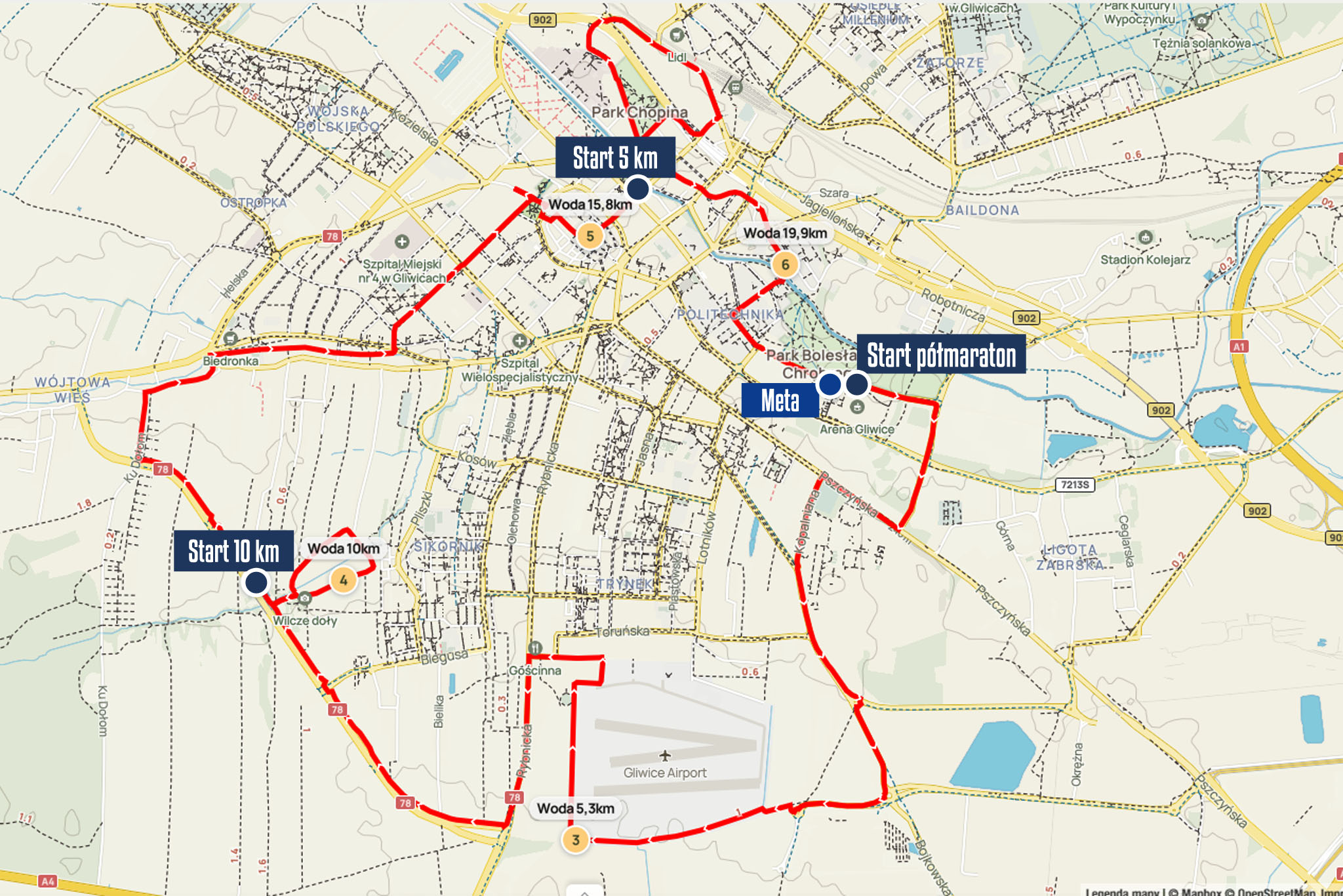 Mapa tras 9. PKO Półmaratonu Gliwickiego (8 października) mapa półmaratonu