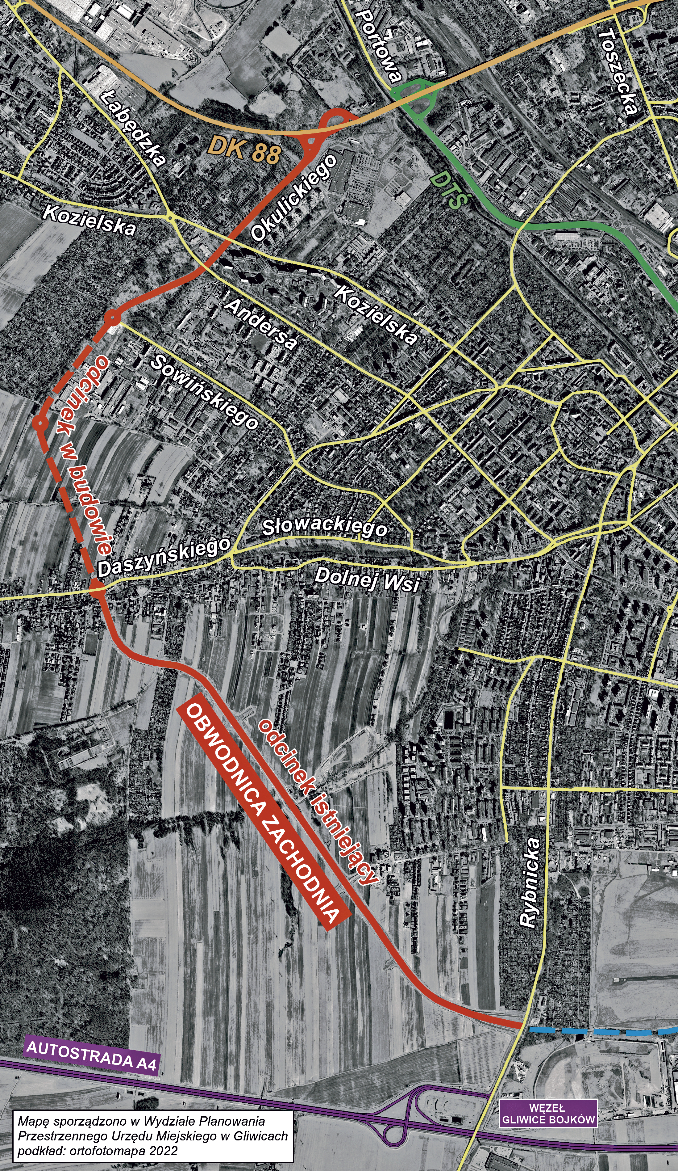 Gliwice kompleksowo i konsekwentnie realizują zmianę układu ruchu drogowego z promienistego na obwodnicowy. mapa obwodnicy zachodniej