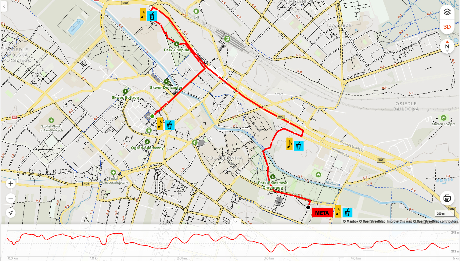przebieg trasy Gliwickiej Dychy / materiały organizatora na zdjęciu mapa trasy półmaratonu
