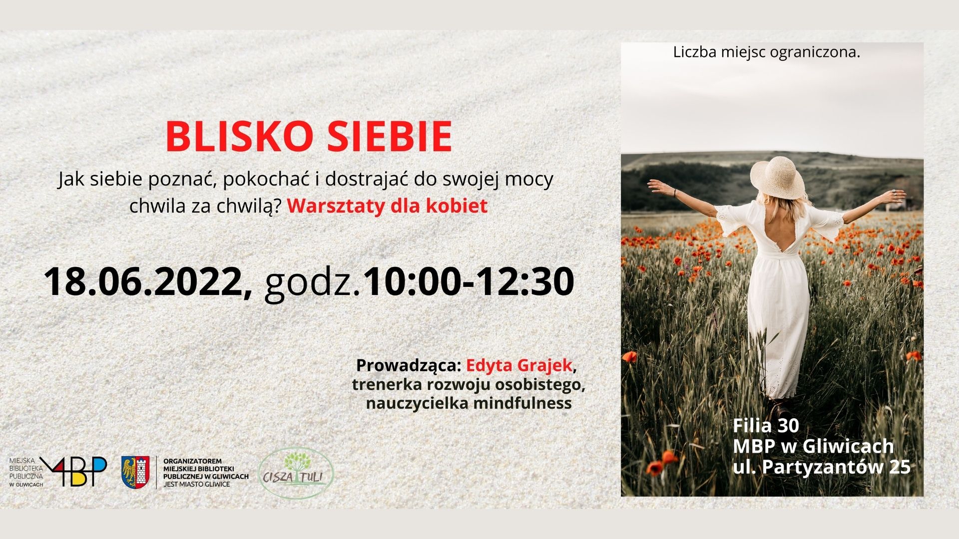 Grafika ze zdjęciem kobiety na tle kwiatów, na środku napis "Blisko siebie"
