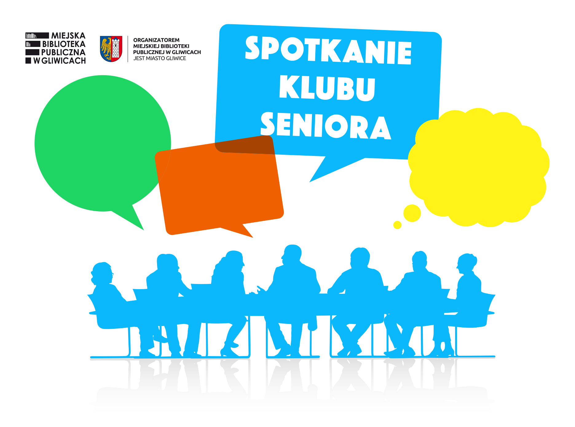 Grupa ludzi siedząca przy stole a nad nimi kolorowe "dymki" sugerujące rozmowy.