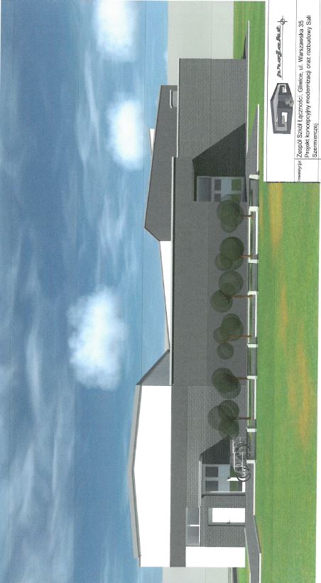 schematyczna wizualizacja budynku wraz z drzewami