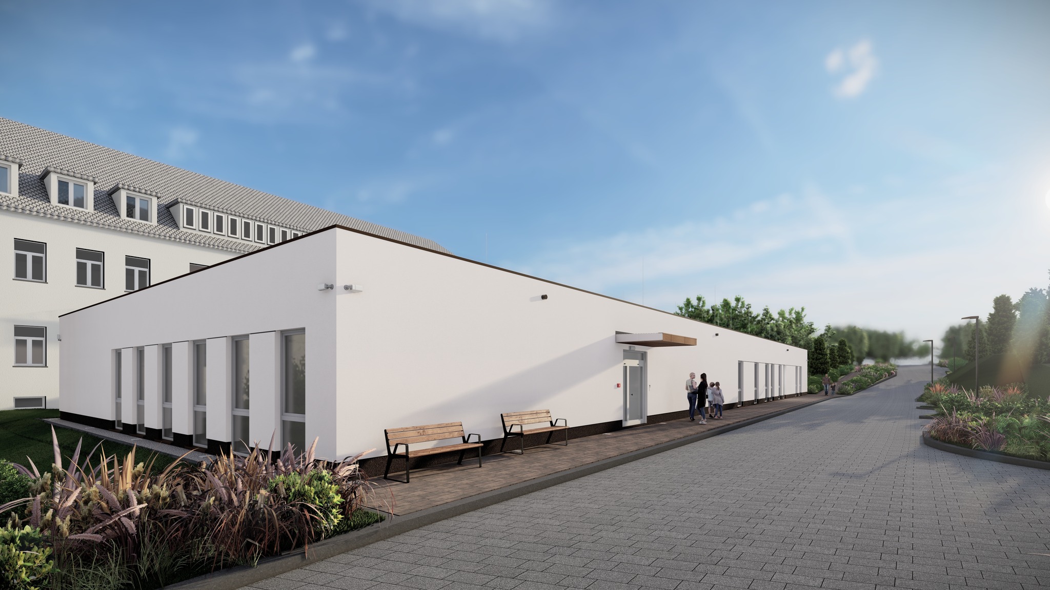 projekt białego modułowego parterowego budynku do badań, dostosowanego do potrzeb osób z niepełnosprawnościami