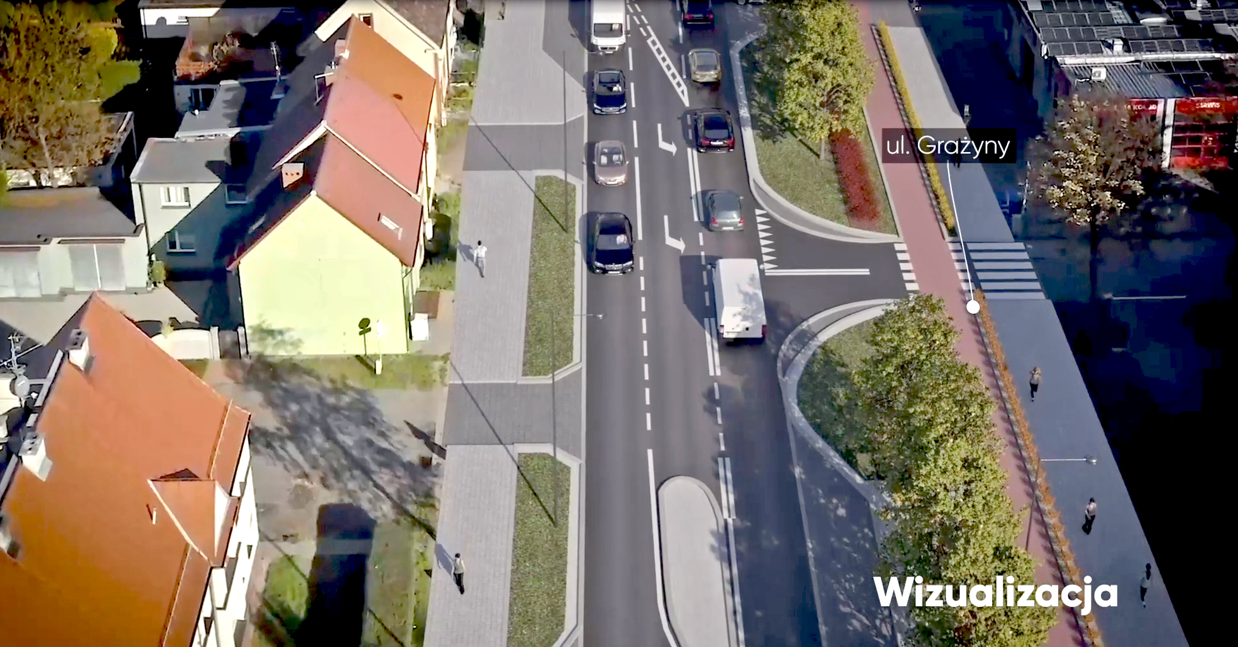 widok na ulicę Chorzowską z lotu ptaka z proponowanymi zmianami w szerokości jezdni i ścieżkami rowerowymi