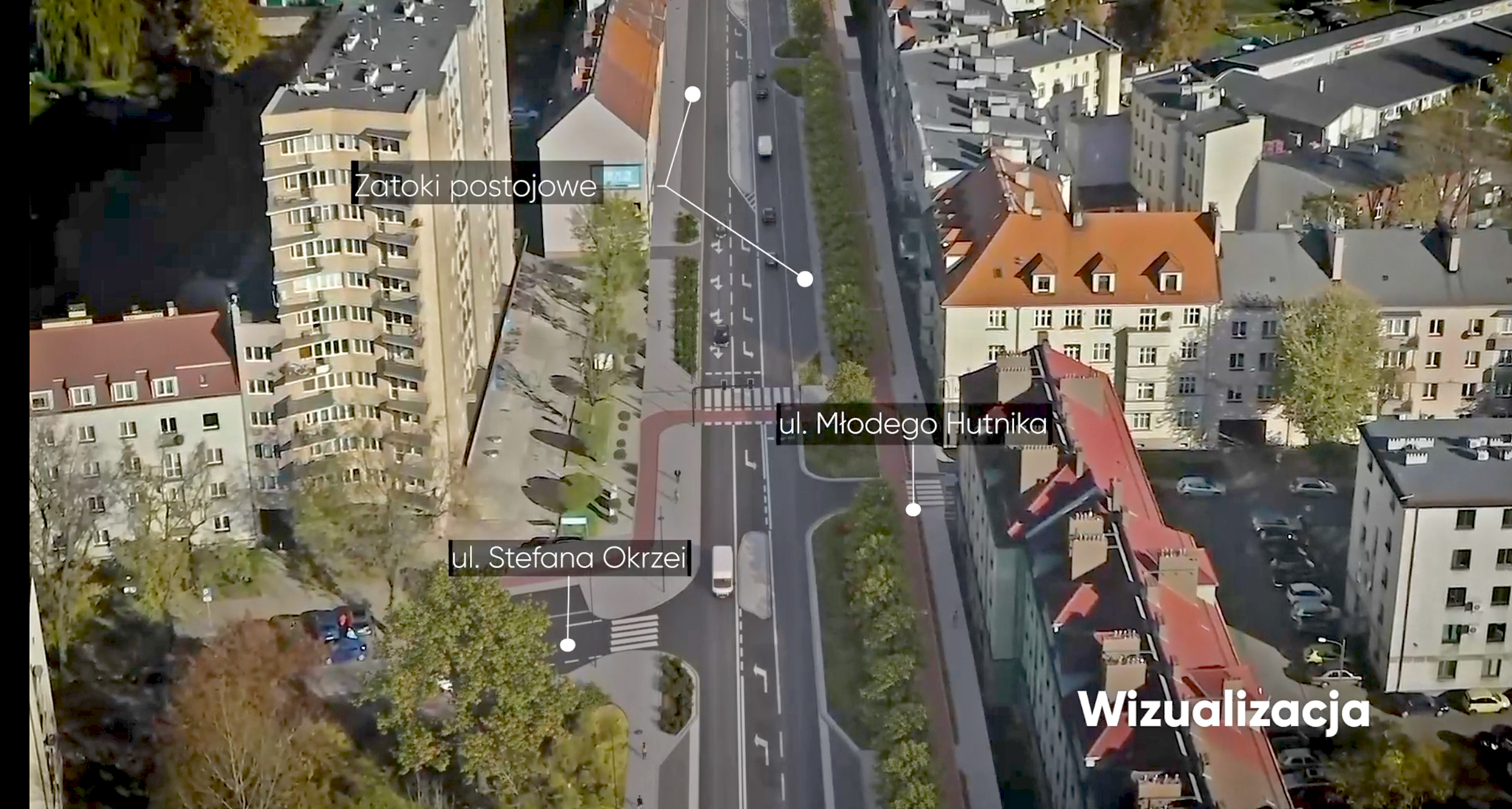 widok na ulicę Chorzowską z lotu ptaka z proponowanymi zmianami w szerokości jezdni i ścieżkami rowerowymi