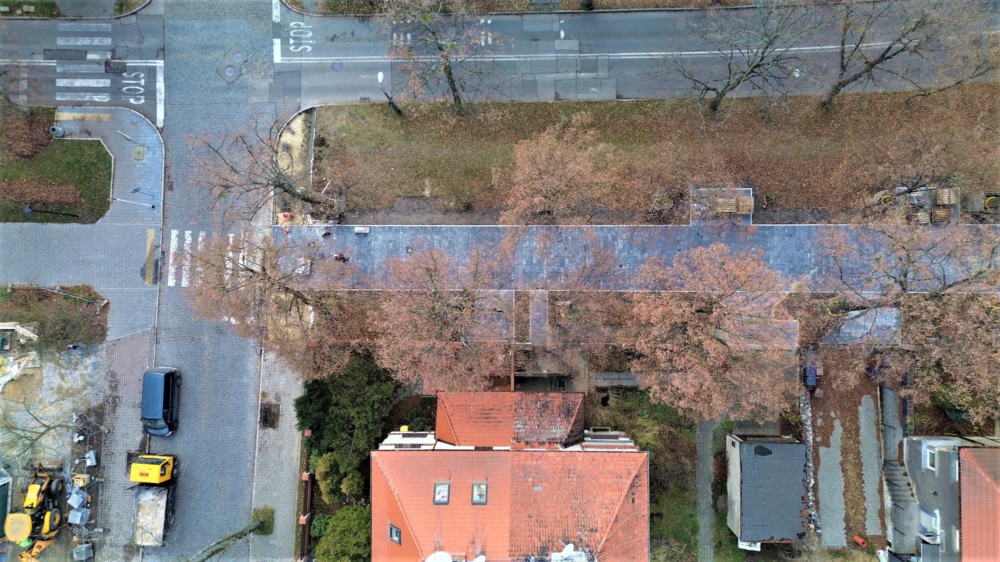 aleja Mickiewicza z lotu ptaka, widać drzewa, aleję i domy