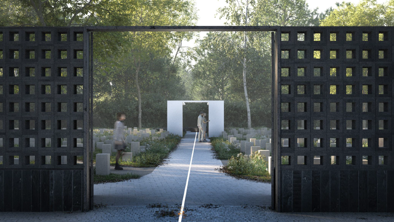 ca wizualizacja miejsca pochówku dla zwierząt - widok na bramę wejściową, alejkę i drzewa