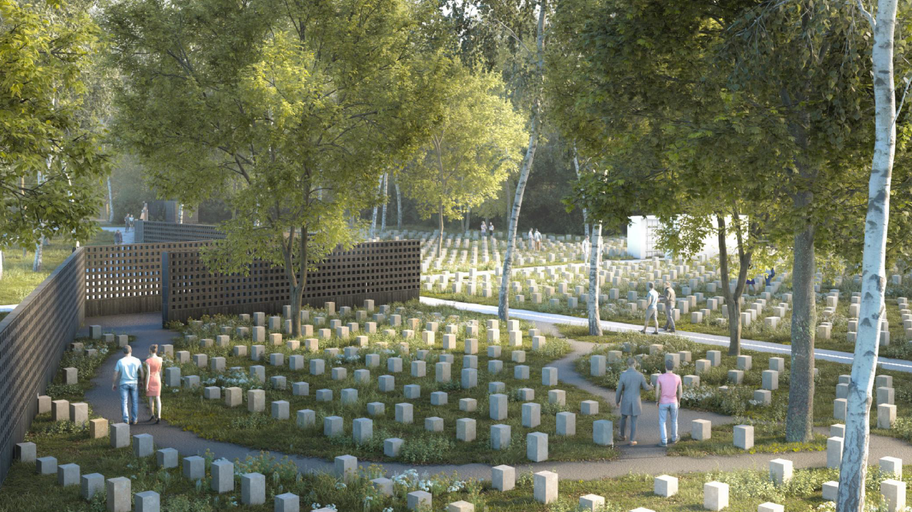 wizualizacja miejsca pochówku dla zwierząt - widok na tablice pamięci, alejkę i drzewa