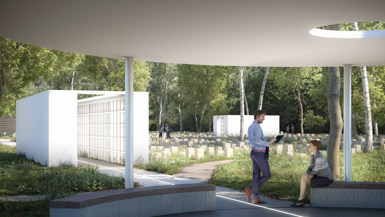 wizualizacja miejsca pochówku dla zwierząt - widok na łąkę kwietną, kolumbarium, ławeczki i drzewa