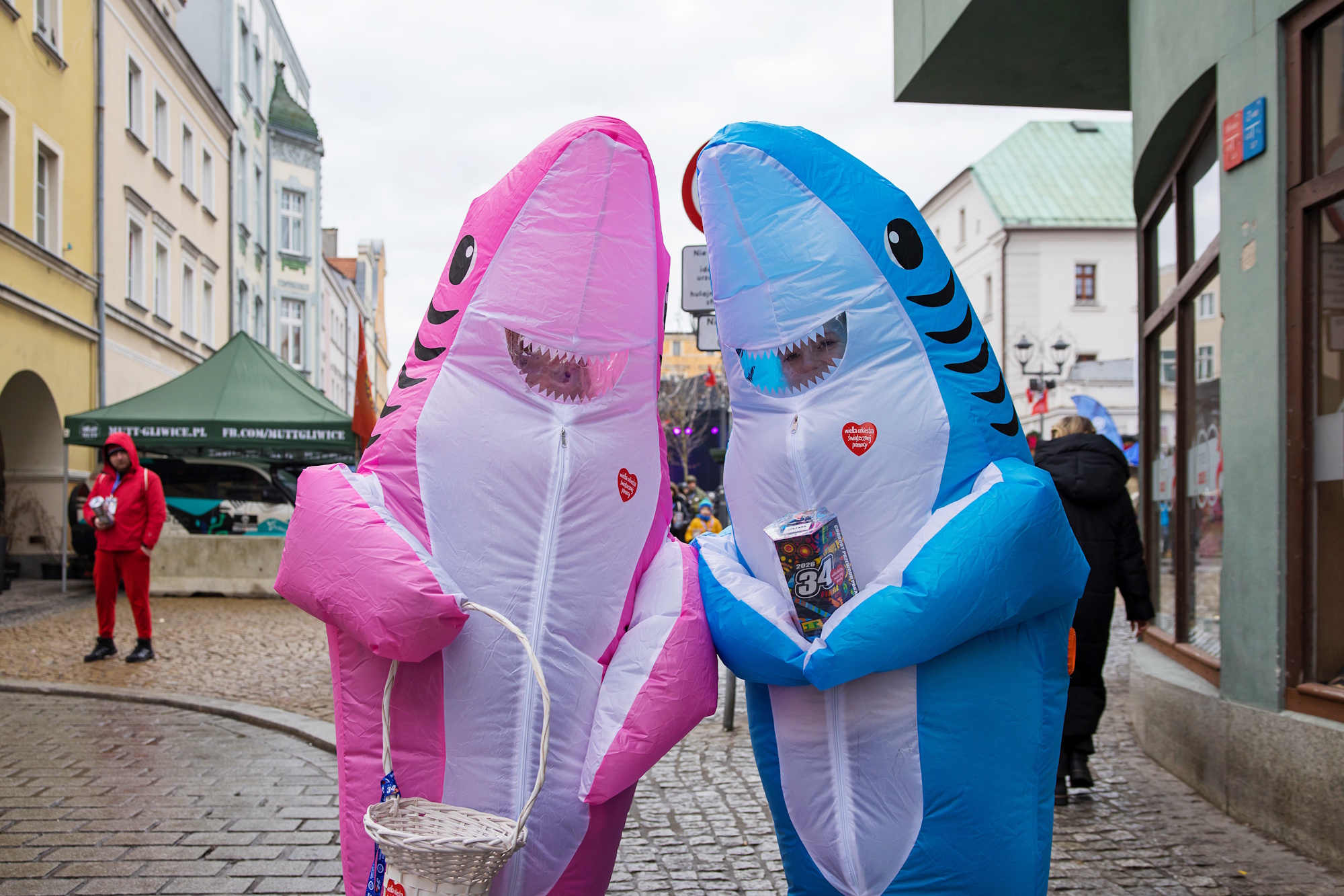 Dwoje ludzi w strojach rekina