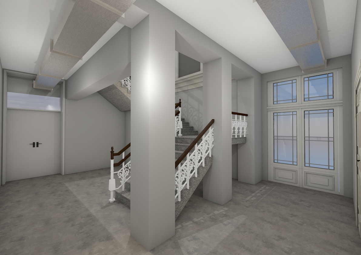 Klatka schodowa w przyszłej siedzibie Centrum 3.0 – Gliwickiego Ośrodka Działań Społecznych. Wiz. Biuro Usług Architektonicznych PROFIL