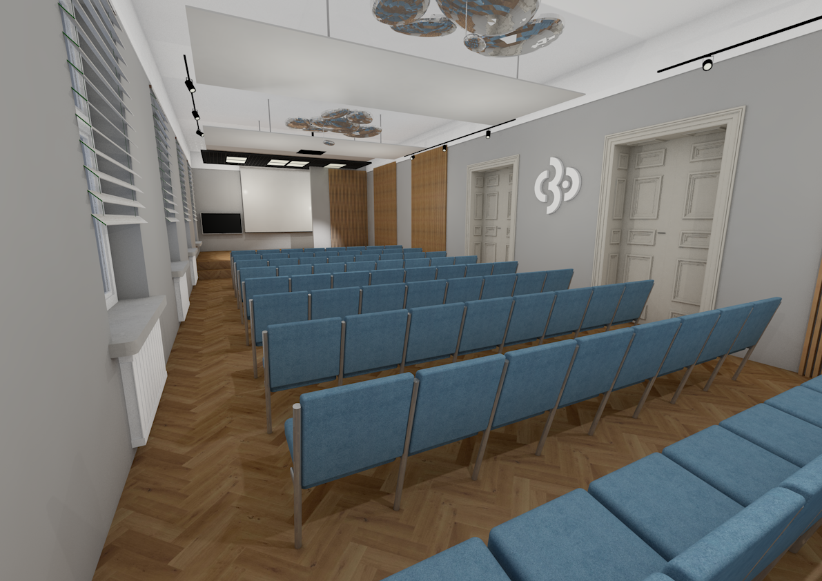 Sala koncertowa w przyszłej siedzibie Centrum 3.0 – Gliwickiego Ośrodka Działań Społecznych. Wiz. Biuro Usług Architektonicznych PROFIL