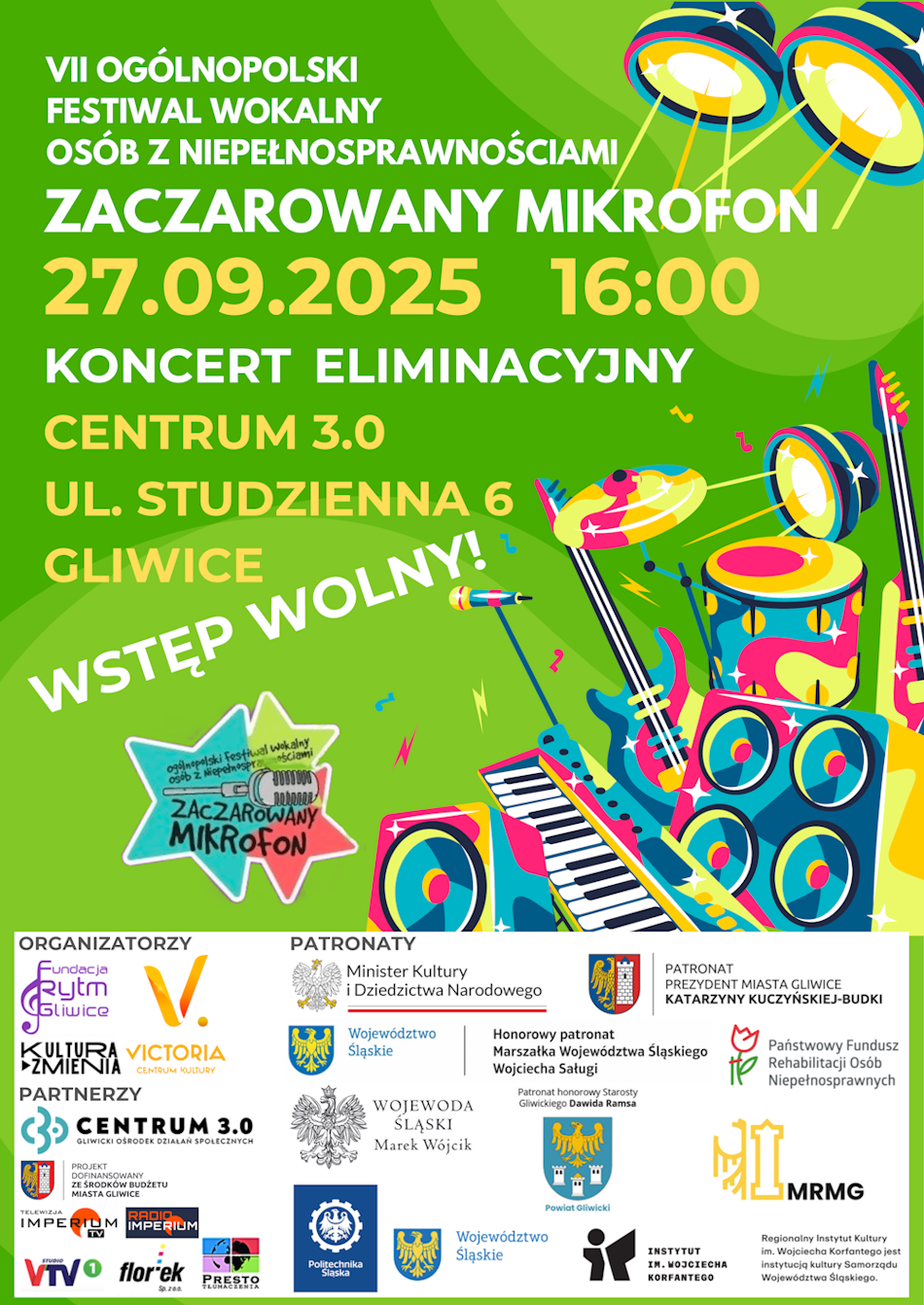źródło: Fundacja Rytm Gliwice plakat wydarzenia - kolorowe instrumenty perkusyjne na zielonym tle