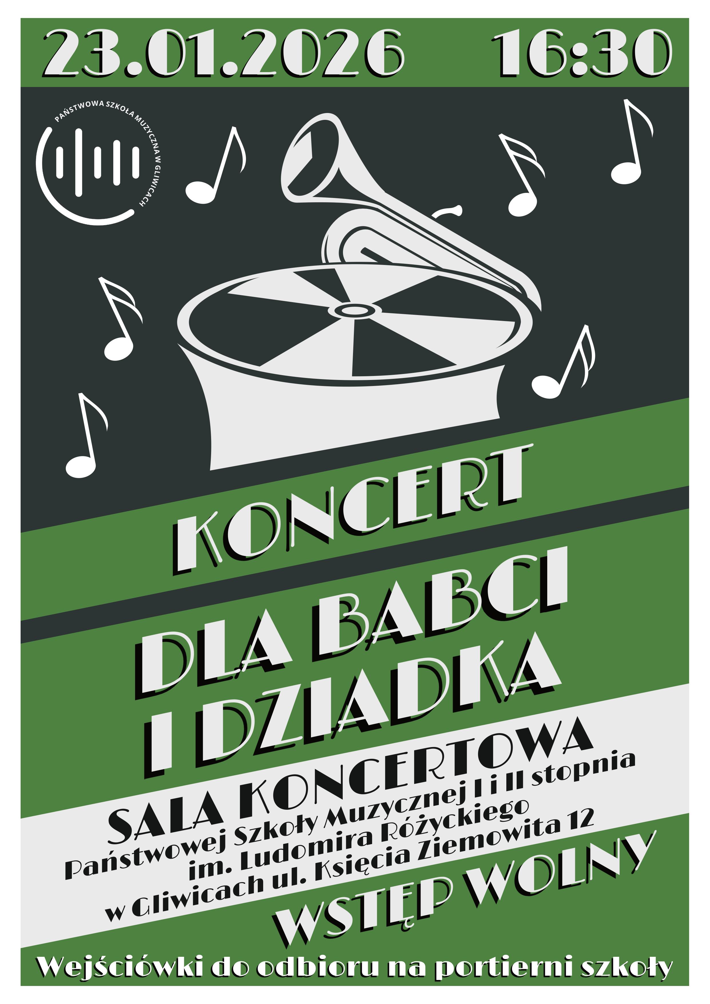 plakat informujący o koncercie: szkoła przy ul. Księcia Ziemowita 12, sala koncertowa. Godzina 16:00. Wejściówki dostępne są do odbioru na portierni szkoły