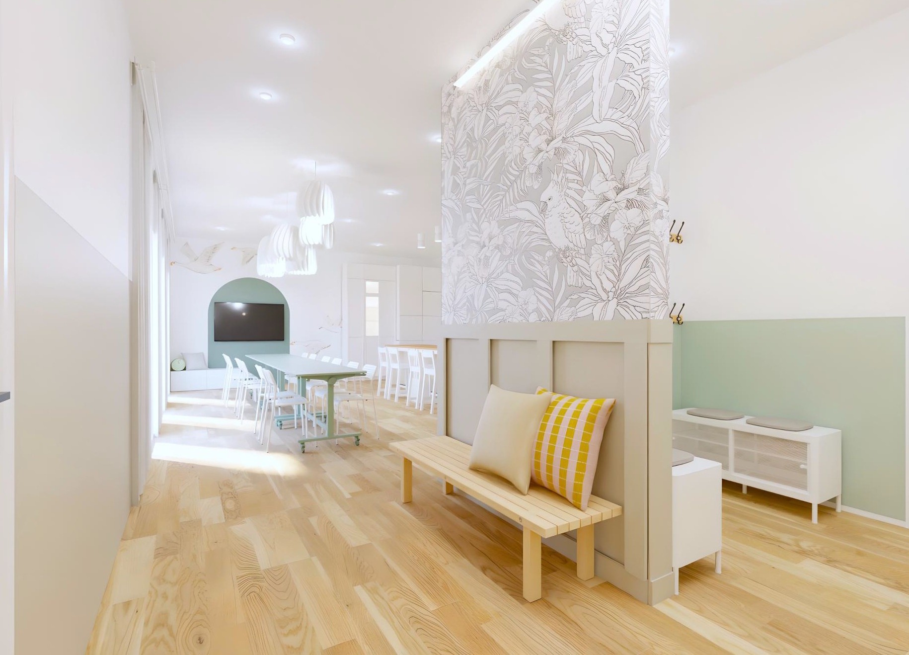 Wizualizacja wnętrza placówki w pastelowych barwach