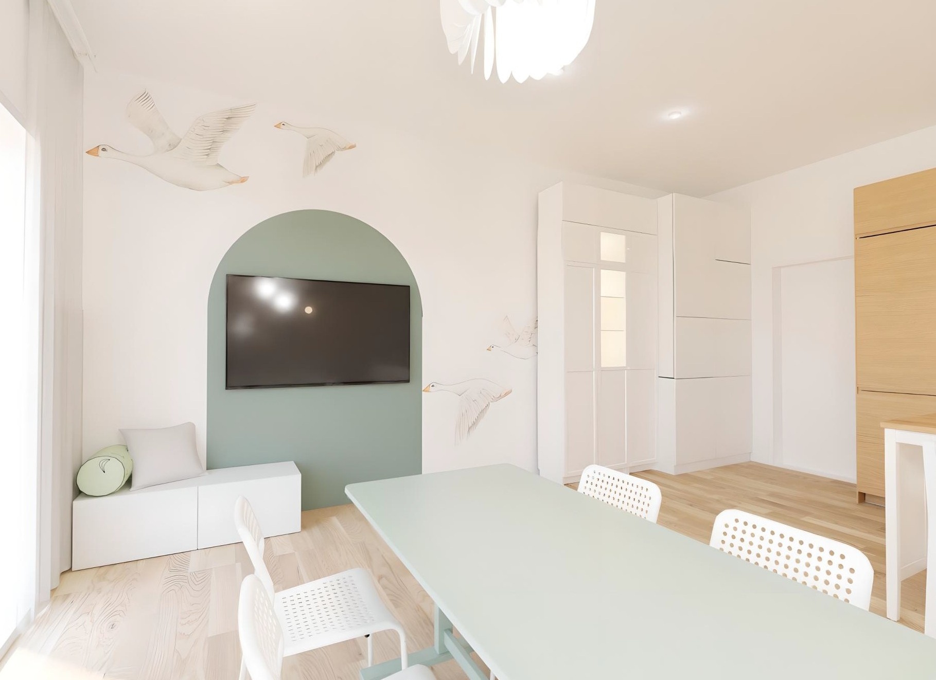 Wizualizacja pomieszczenia w placówce, w pastelowych barwach