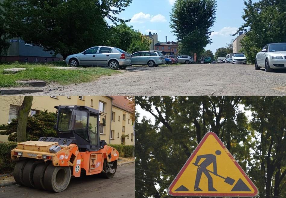 kolaż zdjęć drogi z tłucznia, kadrów ze znakami drogowymi i walcem drogowym