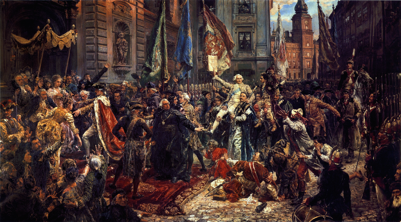 duży obraz olejny, tłum ludzi podczas uchwalenia Konstytucji