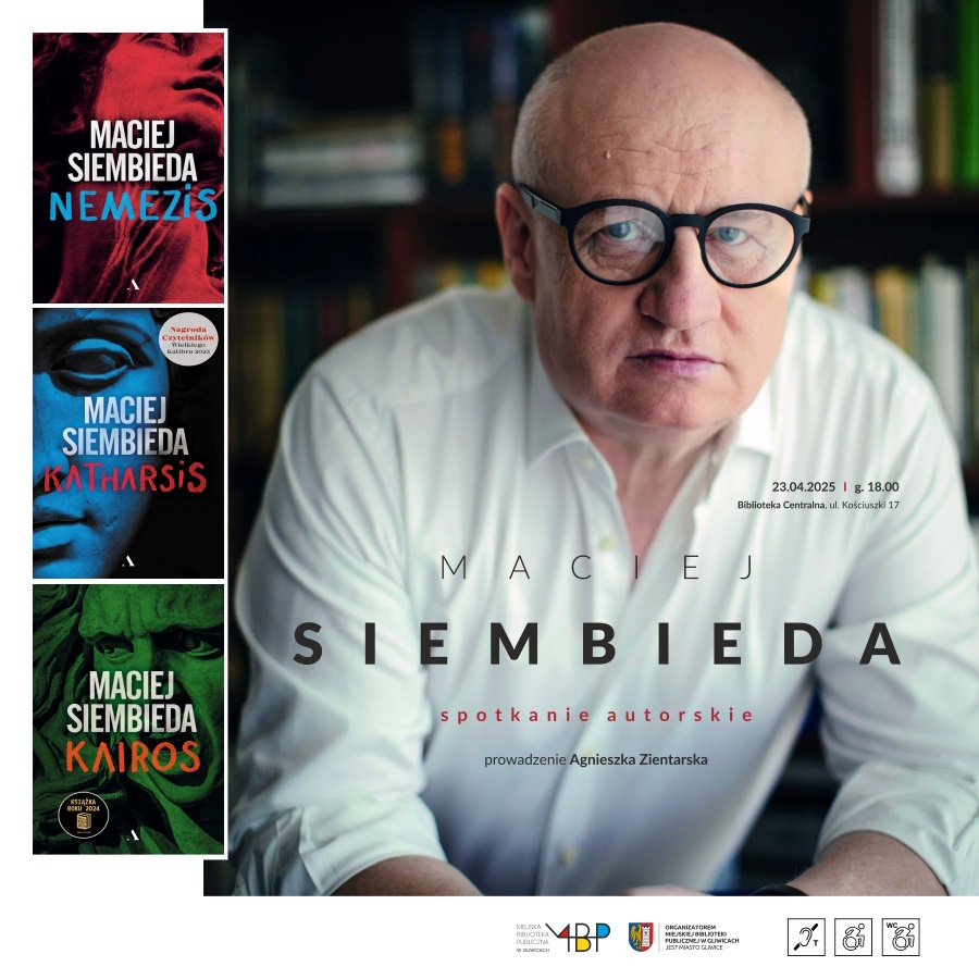 Baner ze zdjęciem Macieja Siembiedy, okładkami książek i informacjami o spotkaniu