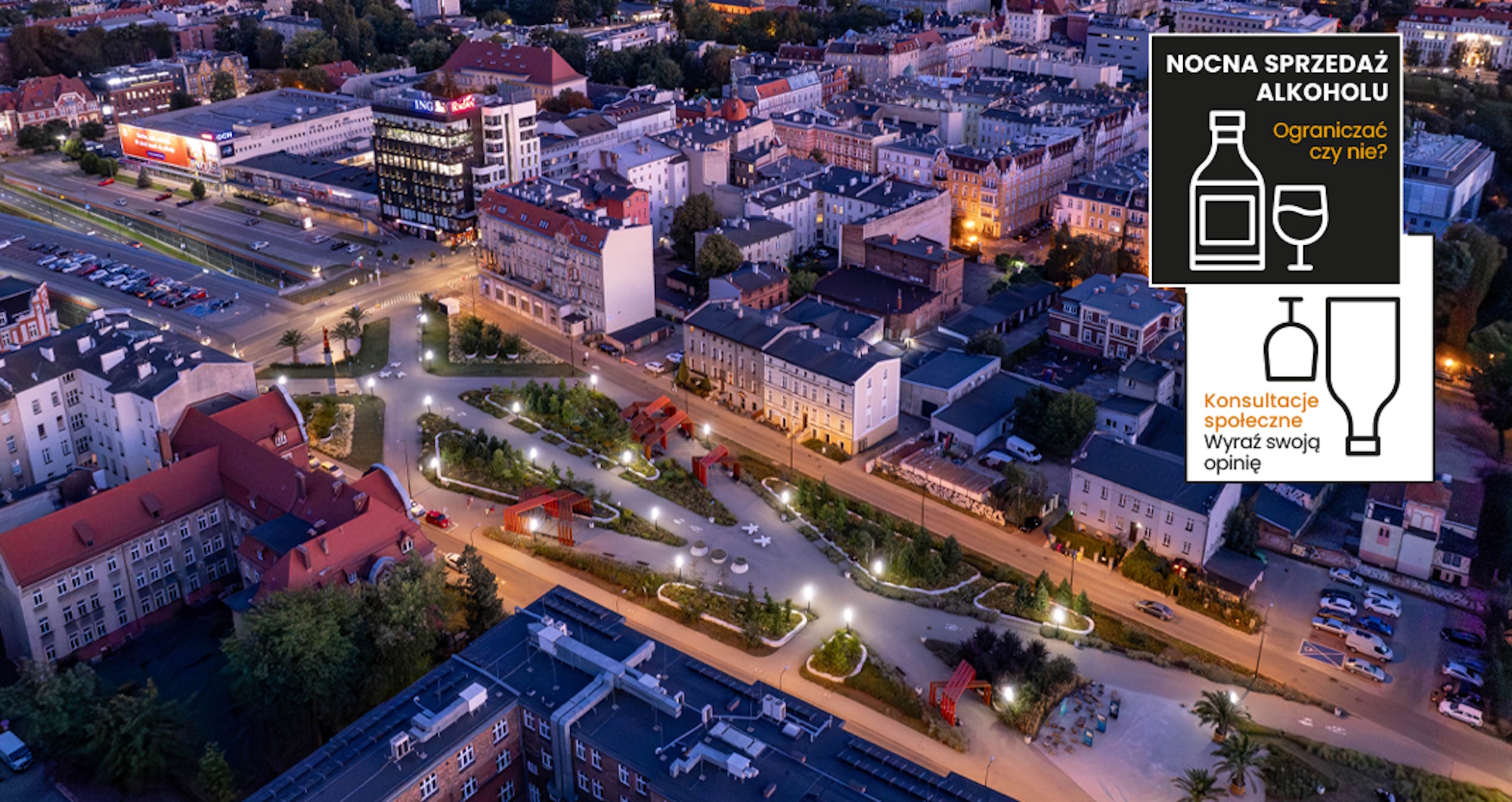 Gliwice nocą, ujęcie z lotu ptaka plus grafika z kieliszkiem
