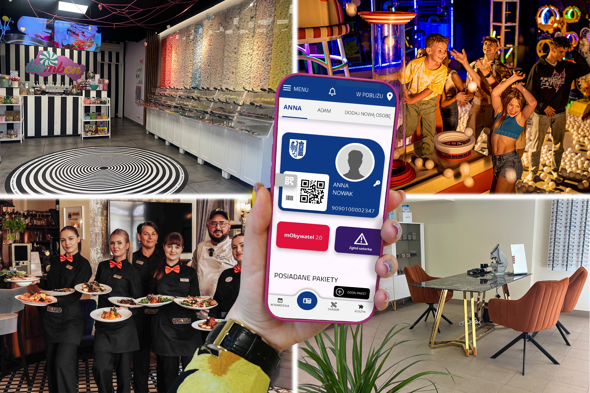 Dłoń trzymająca telefon z aplikacją GKM na tle nowych partnerów