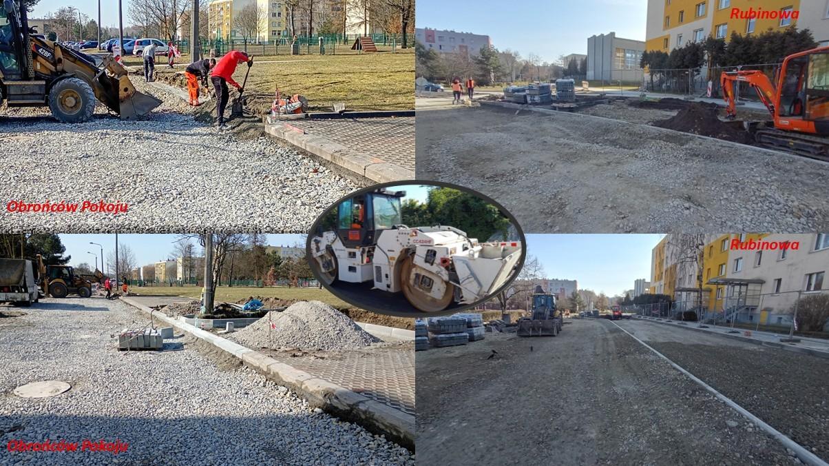 kadry z pokrytymi żwirem placami pod ulice, chodniki i parkingi, w tle pracujący drogowcy