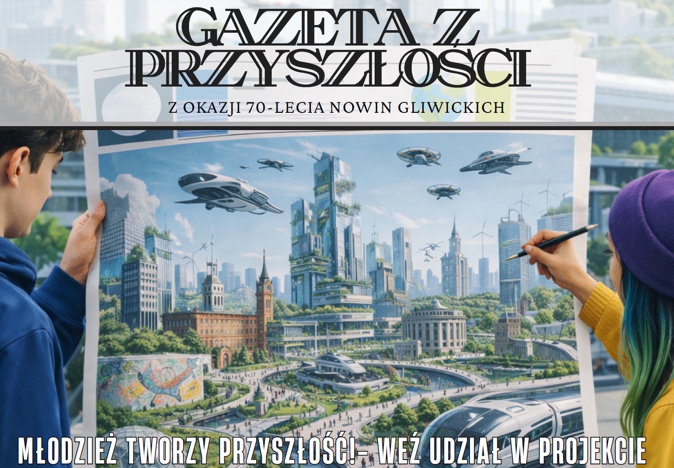 Grafika z młodzieżą tworzącą gazetę przyszłości